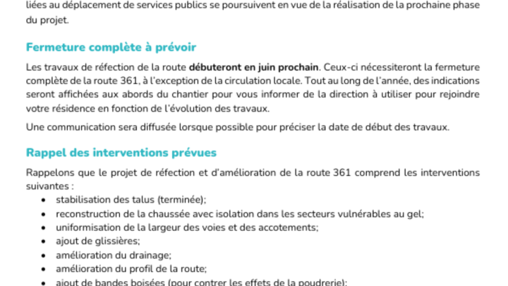 Avis aux résidents - Route 361